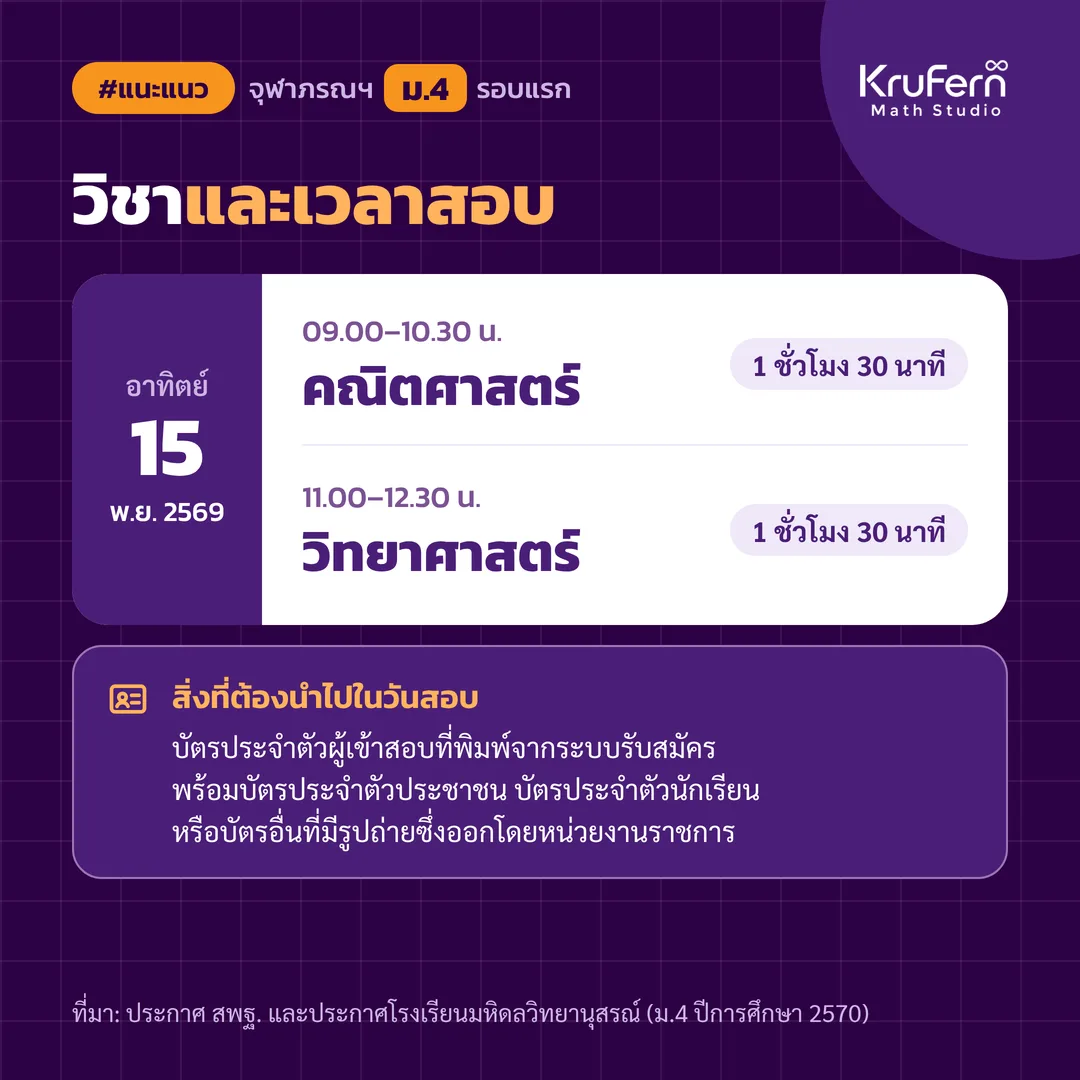 วิชาและเวลาสอบรอบแรก วันอาทิตย์ที่ 15 พ.ย. 2569